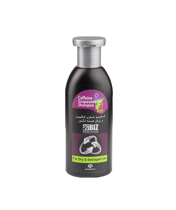 شامپو حاوی کافئین و روغن هسته انگور BIZ برای موهای خشک و آسیبدیده حاوی ویتامین B5 تنظیم PH مناسب پوست گردن به بالا (PH∼5.5) تثبیت کننده رنگ مو افزایش رطوبت ریشه مو جلوگیری از ریزش با افزایش گردش خون حاوی 300 میلیلیتر شامپو کافئین و روغن هستۀ انگور